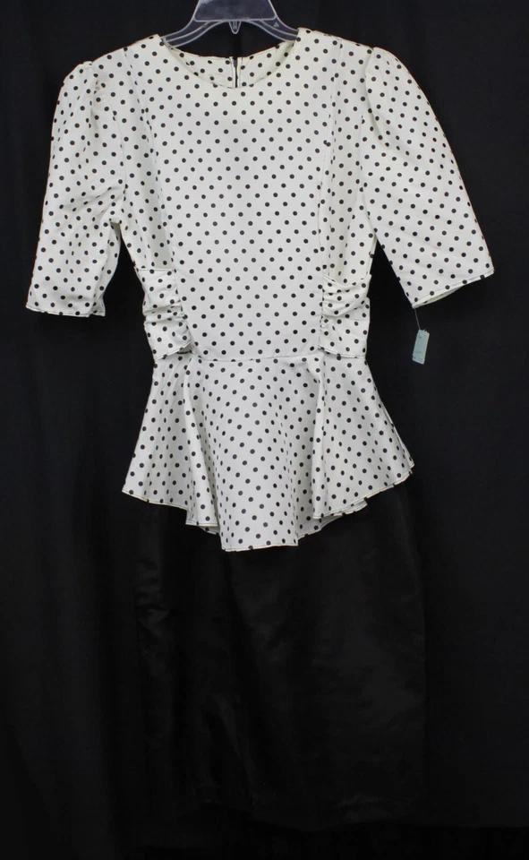 Vestido De Colección Diamond's Run Años 80 Retro Lunares Peplum Puf Slv Negro Blanco Nuevo de Lote Antiguo 11/12 Foto 3 de 4