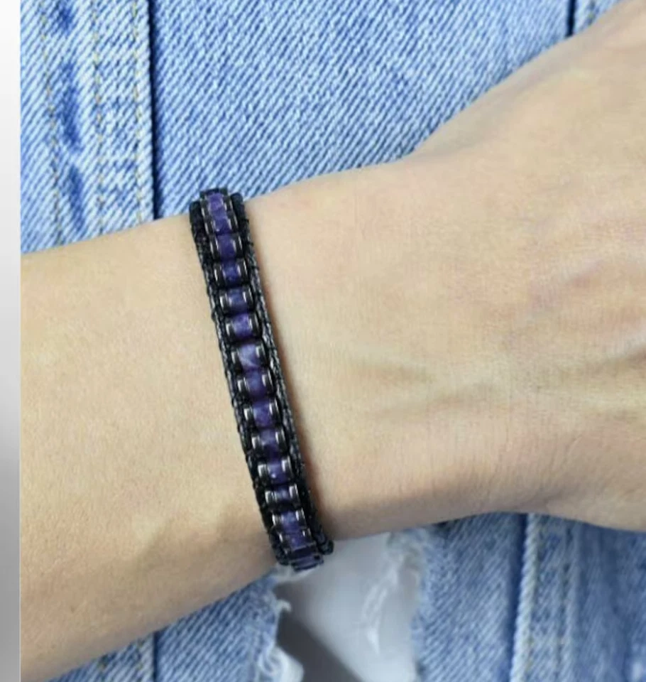 Pulsera de cuero con escalera de hematita amatista natural protección curativa mujer hombre Foto 4 de 4