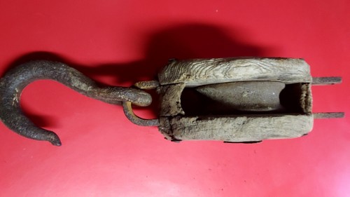 Huge 14" Vtg Antique Steampunk Salvage Decor Wood and Iron Pulley Hook - Picture 3 of 5