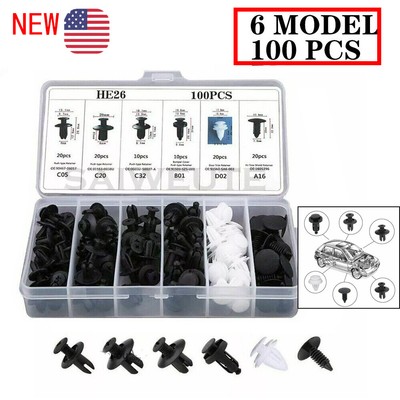 100 Clips for Hole Plastic Rivet Retainer Fender Bumper Push Pin Fastener 6 Size