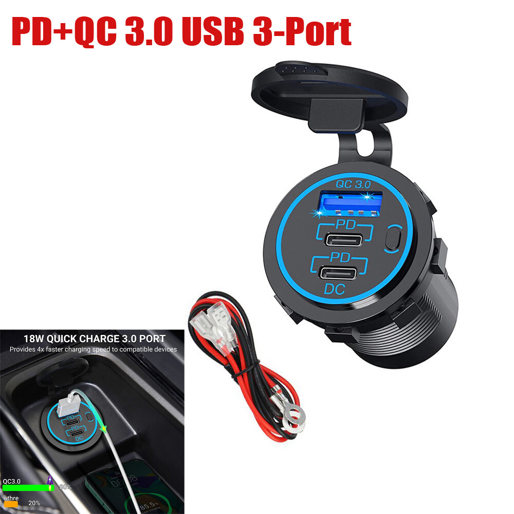 12-24V PD+QC USB 3-Port Fast Car Charger Adapter Socket Outlet