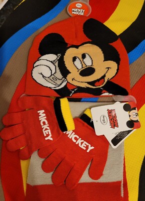 Lizenziertes Disney Mickey Mouse Mütze Schal Handschuhe Set Brandneu mit Etikett Verkaufspreis £15,99