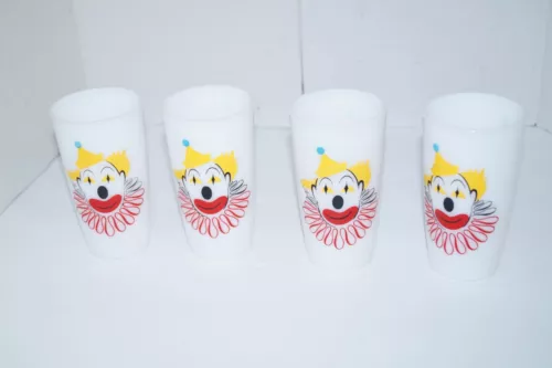 Set of 4 Vintage 1950s Mid Century Modern Hazel Atlas Milk Glass Clown Tumblers