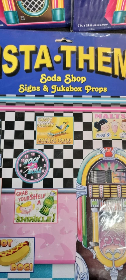 2 telones de fondo de tienda de refrescos accesorios de fiesta de los años 50 3 jukebox centro de mesa disco remolinos decoración Foto 3 de 4