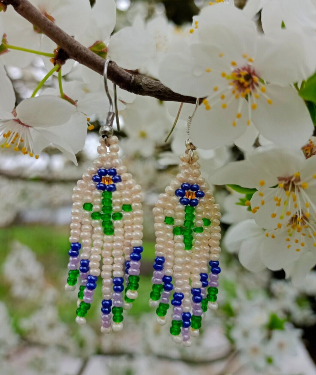 Seed bead fringe earrings Floral cute dangle handmade earrings