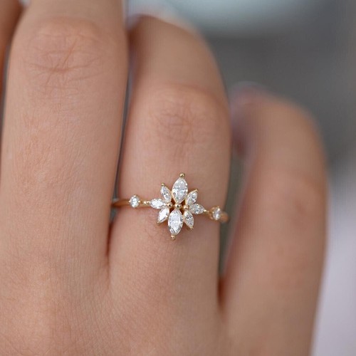 1.00Ct Marquise Simulated Diamond Cluster Engagement Ring 14k Yellow Gold Plated - Picture 5 of 7