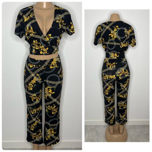 NWT Size S/M Women Set Black 2 pieces Set Stretchy Wide Leg Pants Wrap Crop Top