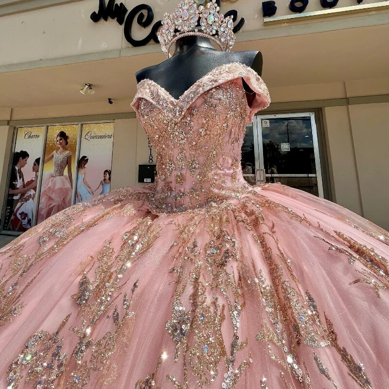 Pink Princess Quinceanera Dresses Luxury Gold Applique Party Ball Gowns  Sweet 15 | eBay