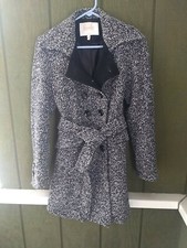 Laundry By Shelli Segal Black White Wool Blend Winter Coat Belted Size 4 Small