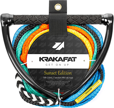 KRAKAFAT 水上スキーロープ ウェイクボードロープ  75フィート 23m  EVAダイヤモンドグリップ ハンドル付き 75ft Water Ski Rope, Wakeboard Rope KRAKAFAT 75Ft Water Ski Rope, Wakeboard Rope - 7 Sections with 13