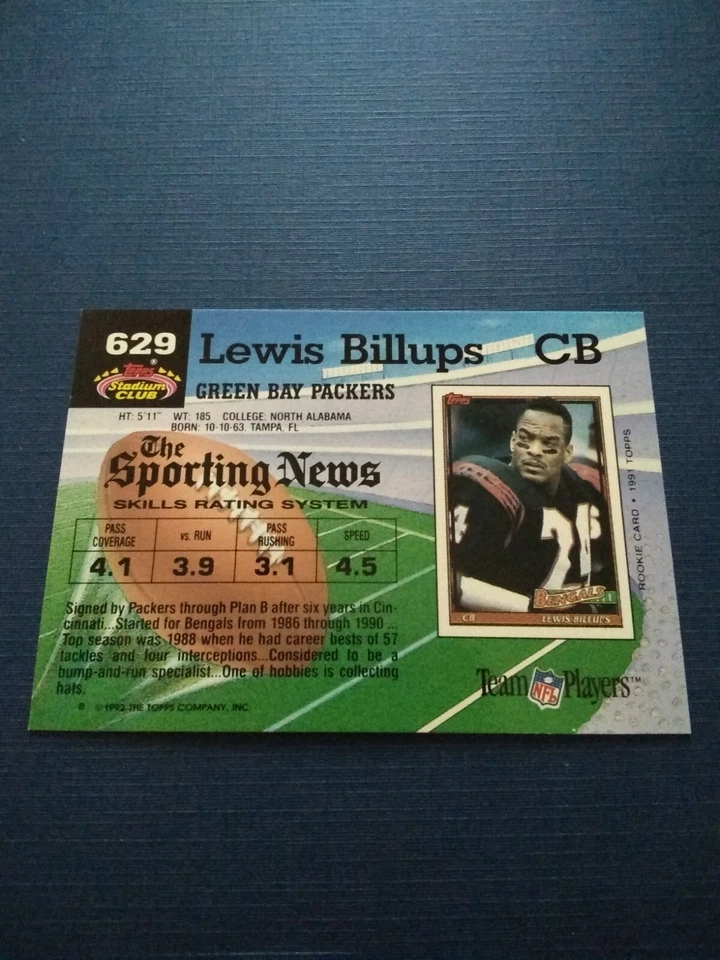 1992 Stadium Club Football High Number Lewis Billups SP #629 Set Break NM - Image 2 of 2