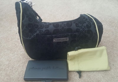 Petunia Pickle Bottom Boxy diaper bag with wipes box and wipe dustbag.