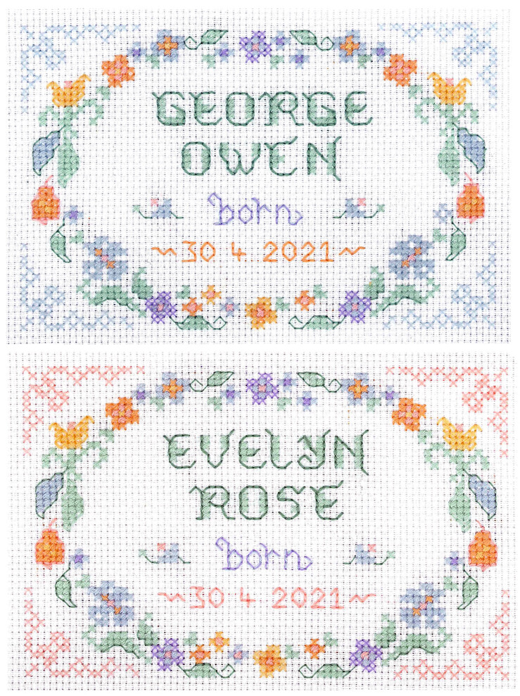 Mini Birth Sampler - Cross Stitch Kit on 14 aida - 2 colourways for boy or girl
