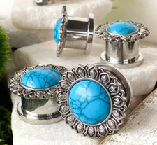 PAIR Flower w/ Turquoise Stone Center Steel Screw Fit Tunnels Gauges Plugs