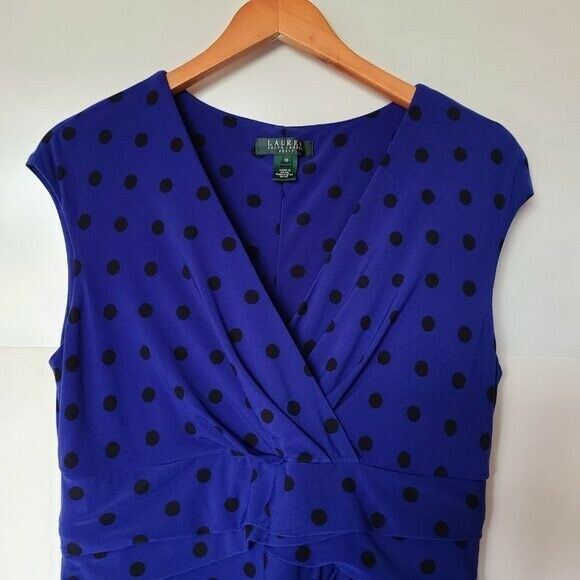Ralph Lauren Women's  Blue Faux Wrap Stretch Cap Sheath Polka Dot Dress 10 thumbnail 5