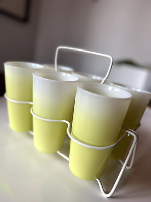 VTG Set 6 Hazel Atlas Milk Glass Ombre Tumblers High Balls with Carrier