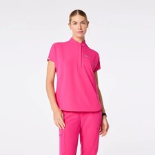 Figs Montex Relaxed Scrub Top Mock Neck Kangaroo Pocket Shocking Pink Sz M 