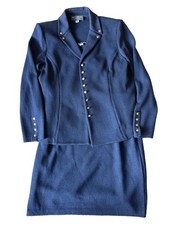 Vintage ST JOHN Collection Sz 14 Medium Navy Blue 3-Piece Wool-Knit Skirt Suit
