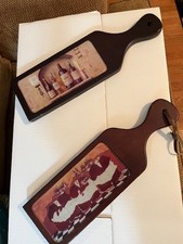 Pair of Decorative Wine Plaques on Wooden Paddles