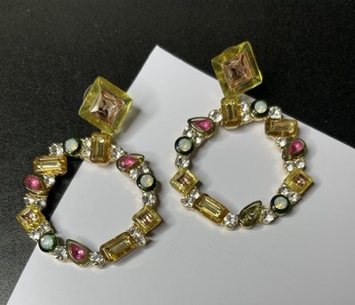 BaubleBar Hoop Earrings Gold Tone Crystal Pave Statement Large Round 2.5  Long