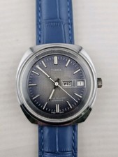 Mens 1976 Timex Automatic Viscount Blue Day Date Chrome Watch Very Nice!