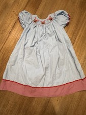 Smocked Reindeer Rudolph Dress Girls Sz 6 Blue Corduroy Red Gingham Christmas