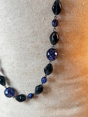 Vintage Deep Blue Glass Bead Necklace Faceted Chain Link 24''L