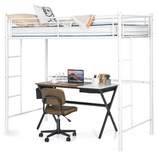 Twin Metal Loft Bed Frame w/ 2 Ladders Full-length Guardrail Space-Saving White
