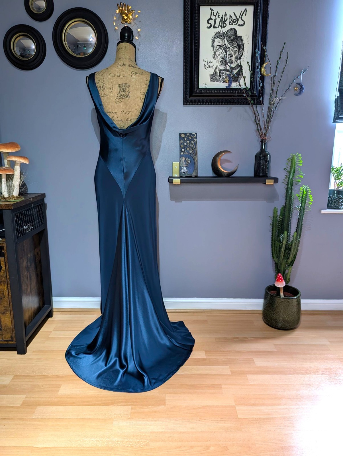 90s Y2K Monsoon Peacock Blue Long Bias Cut Mermaid Dress UK 8/10 (US 6)