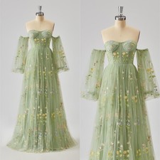 Puffy Sleeve Embroidery Tulle Prom Dresses Women Maxi Formal Evening Party Gowns