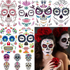 12 Sheets Halloween Face Tattoos Day of the Dead Face Sugar Skull Tattoos, Inclu