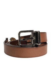 Dolce&Gabbana Men Brown Belt 100% Leather Solid Metal Buckle Midi Strap 90cm 36"