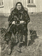 1930s Grandma Real Photo Coat Outside Chair Cold Yard Cane Women 