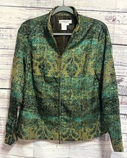 Coldwater Creek Tapestry Brocade Full Zip Jacket Small Teal Green Jacquard Boho