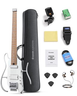 Donner HUSH X Headless Chitarra Elettrica Smart Travel Bianco e Stand Bundle
