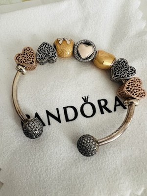 Authentic Pandora 7-charms Bracelet 17cm Silver 925 ring set Loving Hearts Theme