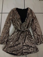 Damen Glänzend Pailletten Overall Kurz mit Glitzer und Langen V-Ausschnitt