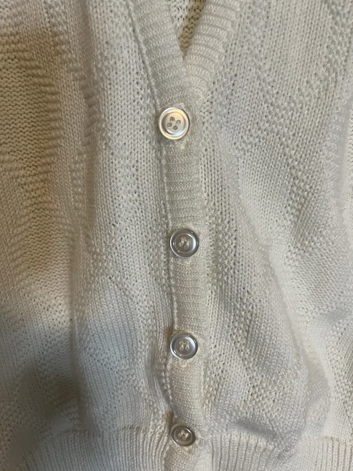 Colete Suéter Vintage Estampado Marfim Botão M Vovó Professora Academia Decote V EUA - Imagem 3 de 4