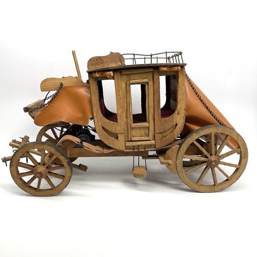 Vintage Volkskunst Handarbeit schwebend Holz & Leder Postkutsche Wagen Modell