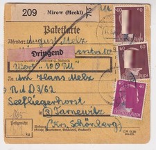 DR, karta paczkowa Mirow - Horst lotnictwa morskiego Tarnewitz 1944, pilna