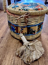 Vintage Wood Floral Fabric Sewing Basket Box With Lid And Handle Satin Lined MCM