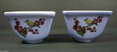 Vtg 2 Chinese Small Rectangular Ceramic Bowls Violet with Cherry Blossom Bird
