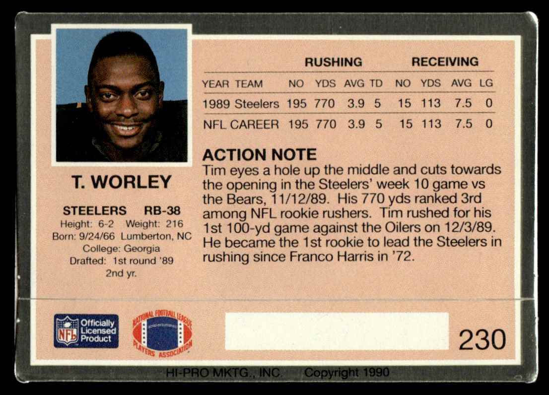 1990 Action Packed Tim Worley Pittsburgh Steelers #230 Georgia