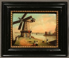 Oil Painting "Windmill Harbor Scene" Attributed to Thomas Chambers (American)