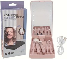 MAKEUP BRUSH 5 PIECE SET w/ PINK Portable 360 Led Light cosmetic Mirror Carrier