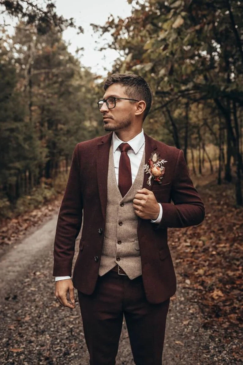 Latest linen men 3 peice suit wedding suit for men in brown colour for  grooms | eBay