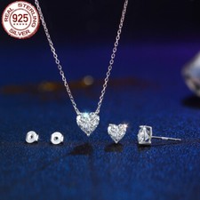 Heart Pendant Necklace Earrings Women Solid 925 Sterling Silver CZ Jewelry Set