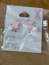 Claire  s Pink Easter Bunny with White Pom Pom Tail Enameled Stud Earrings NWT