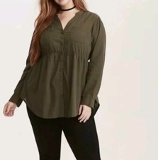 Torrid Shirt Dress Size 1X Challis Army Green Roll Tab Sleeve Zip Up Flaw