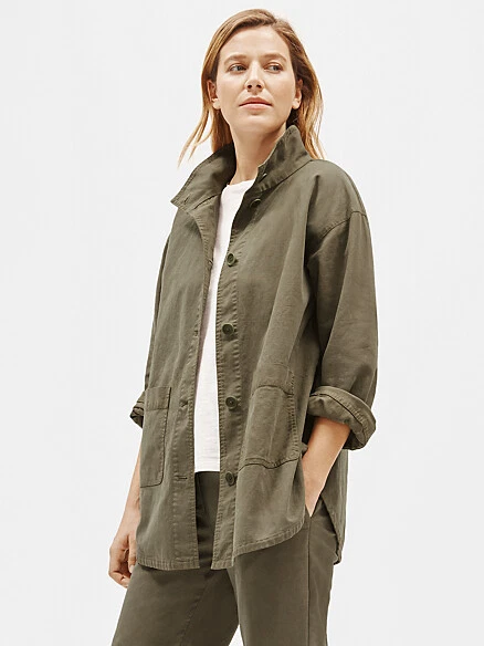 NWT Eileen Fisher Olive Green Organic Hemp Stand Collar Jacket